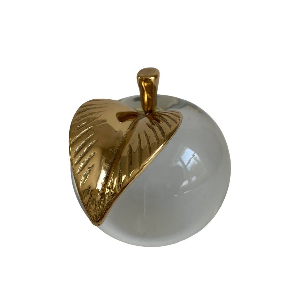 Vintage Clear Glass Apple Brass Leaf Stem Paperweight Large - Picture 3 of 7